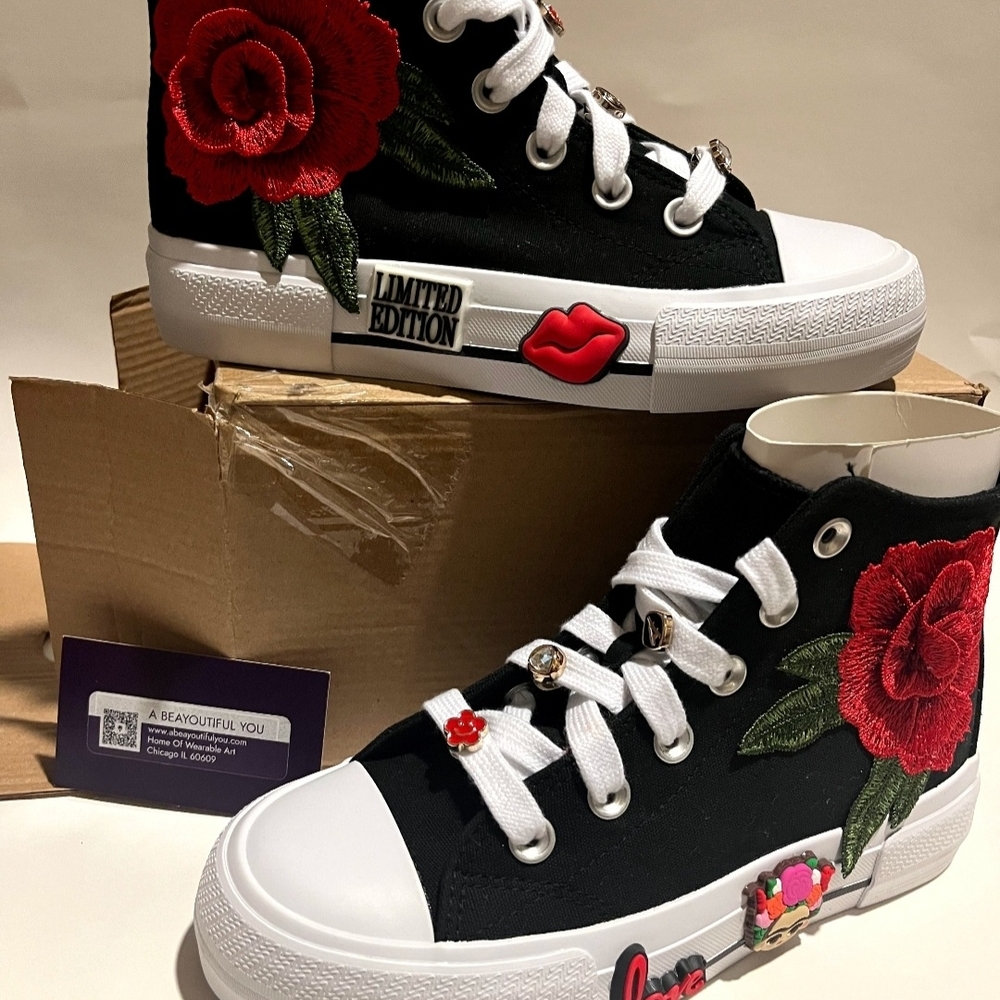 Kids Black and Red 3D Floral High-Top Sneakers